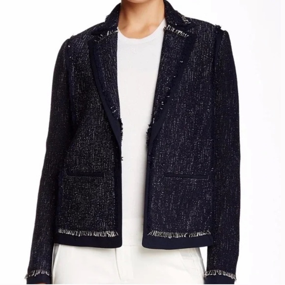 Vince Jackets & Blazers - VINCE Coastal Blue Soft Boucle Tweed Fringe Front Hook Jacket Size Large